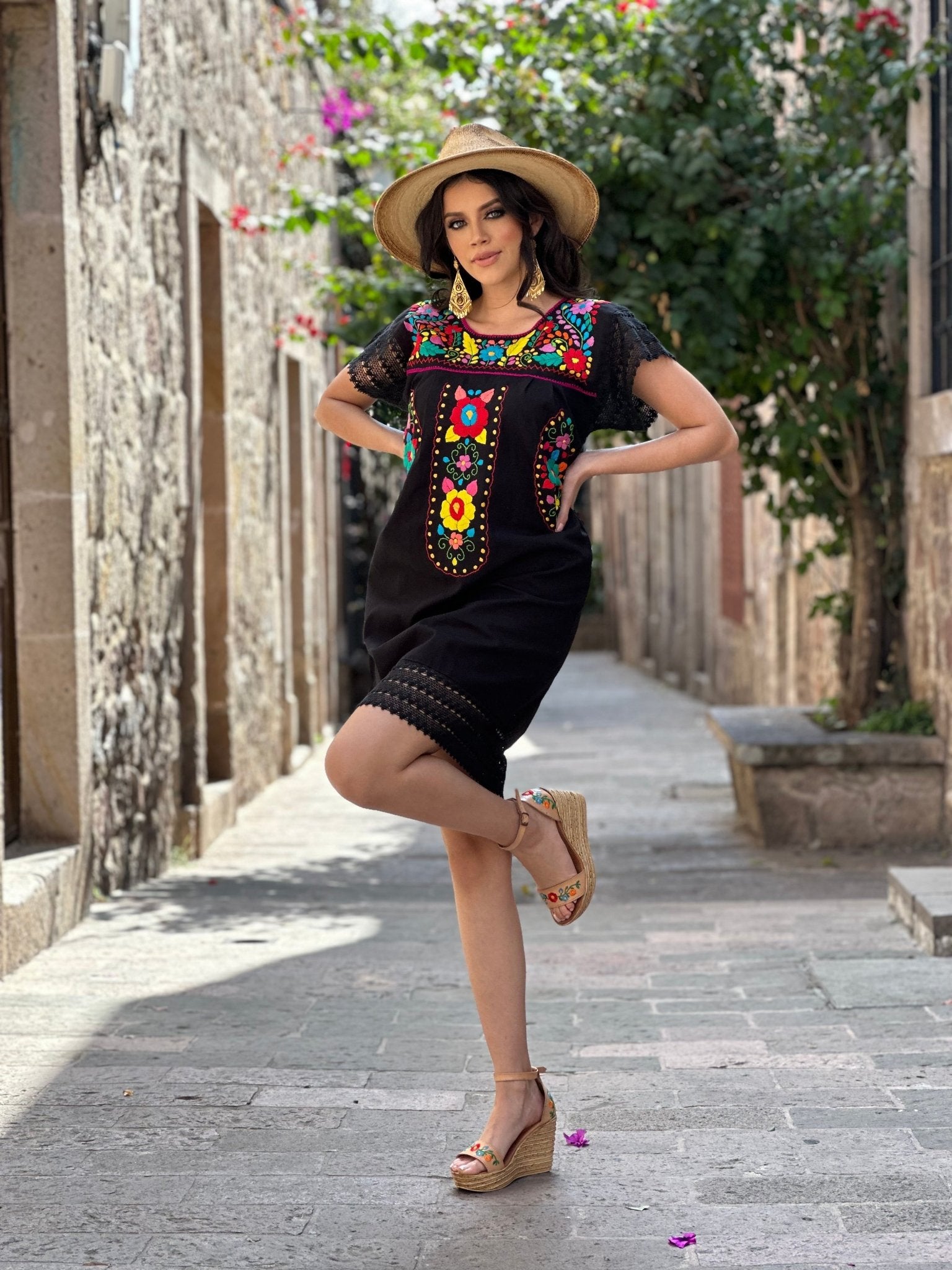 Traditional Mexican Hand Embroidered Tunic Dress in Black with floral embroidery