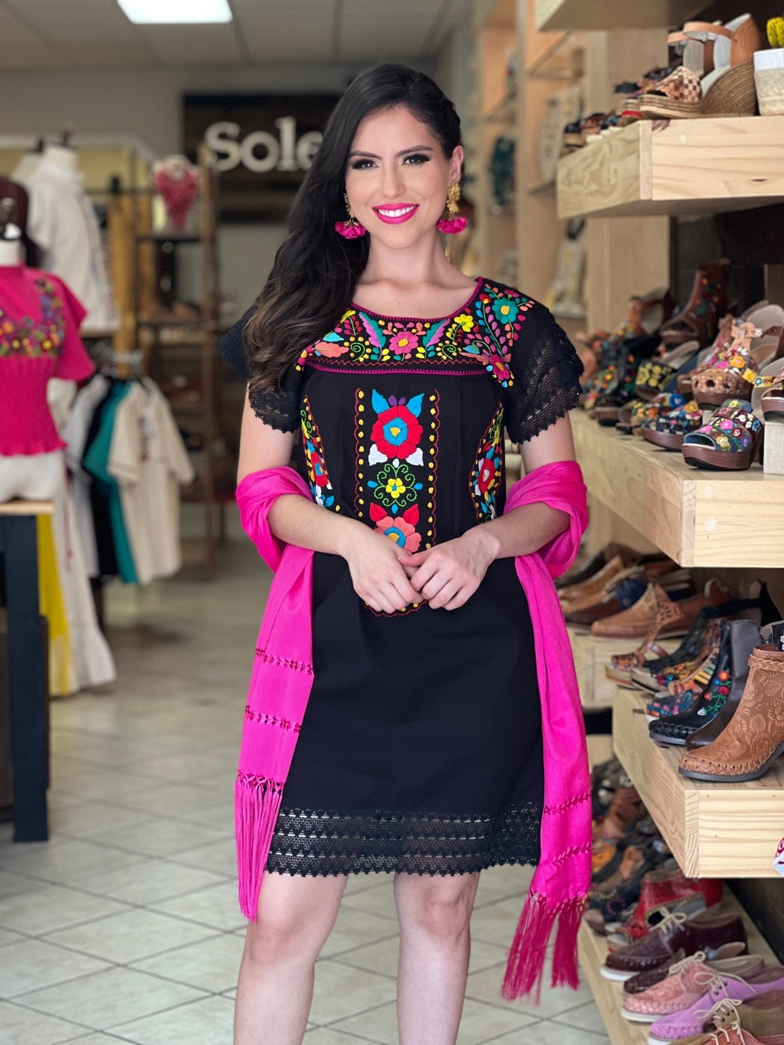 Traditional Mexican Hand Embroidered Tunic Dress in Black with floral embroidery