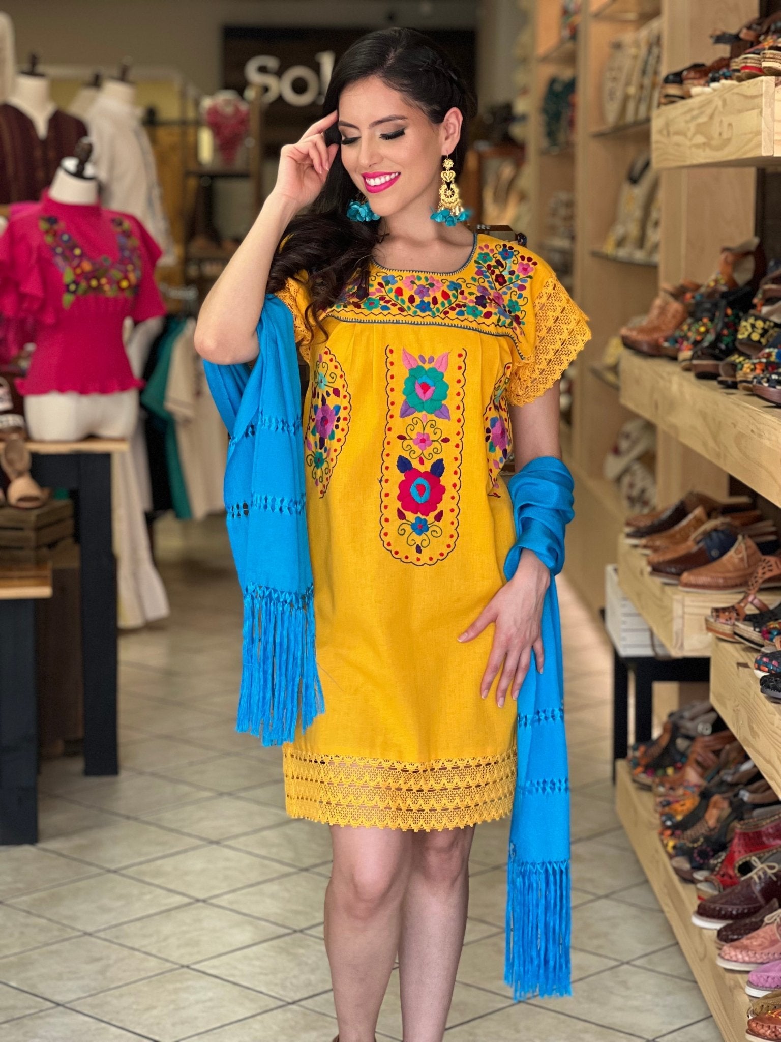 Traditional Mexican Hand Embroidered Tunic Dress. De La Rosa Dress. - Solei Store