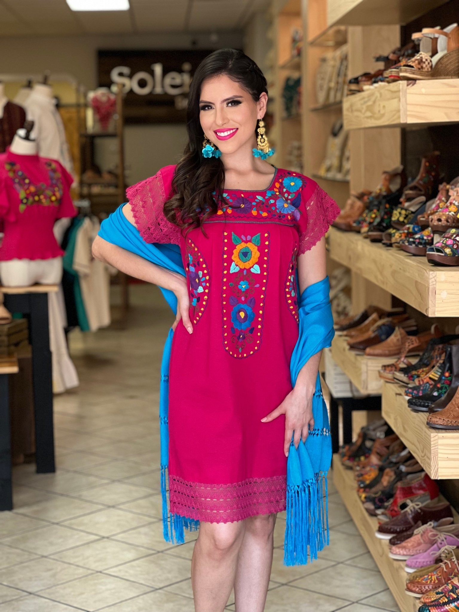 Traditional Mexican Hand Embroidered Tunic Dress. De La Rosa Dress. - Solei Store