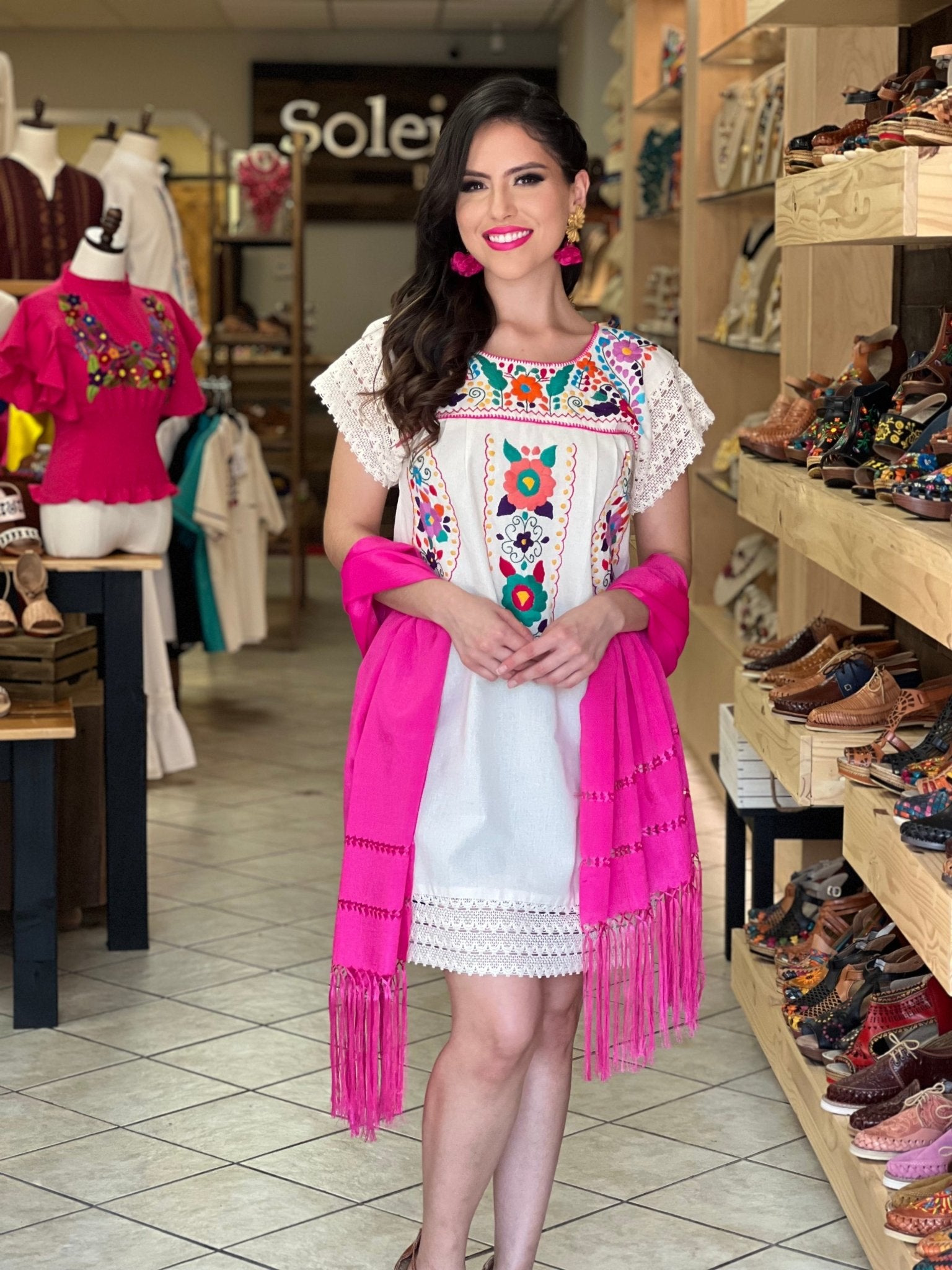 Traditional Mexican Hand Embroidered Tunic Dress in Beige with floral embroidery