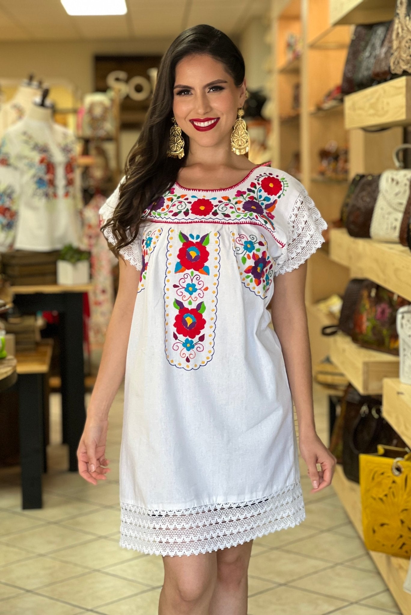 Traditional Mexican Hand Embroidered Tunic Dress. De La Rosa Dress. - Solei Store