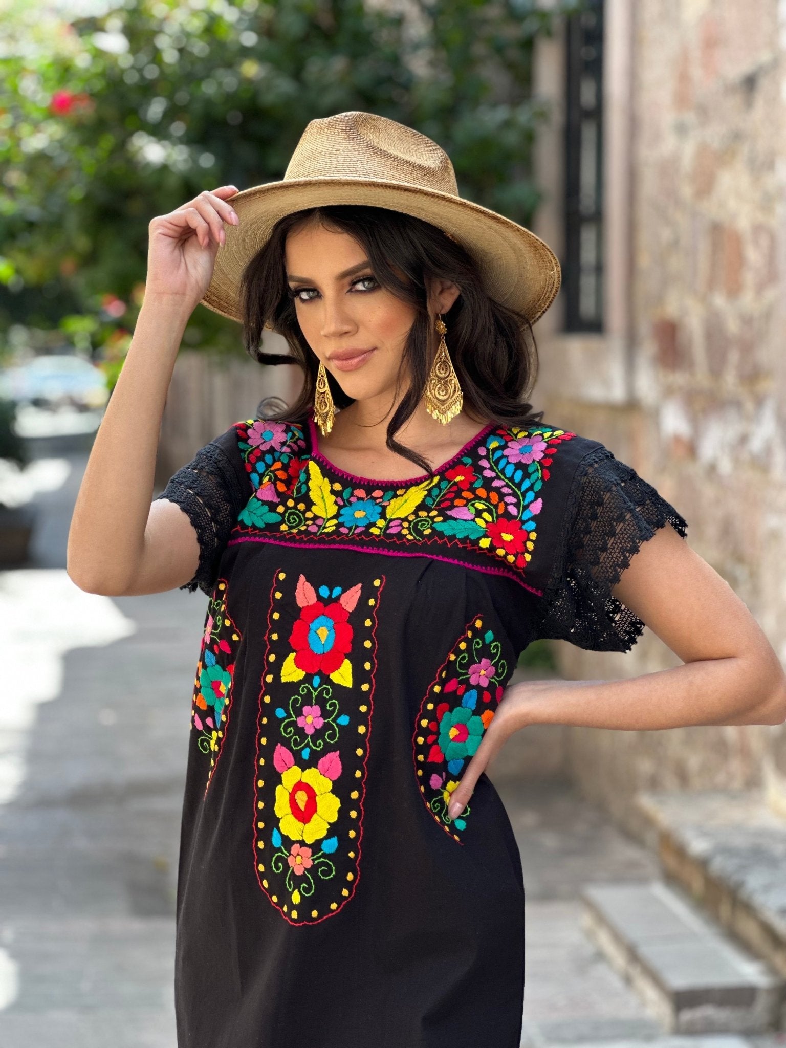 Traditional Mexican Hand Embroidered Tunic Dress in Black with floral embroidery