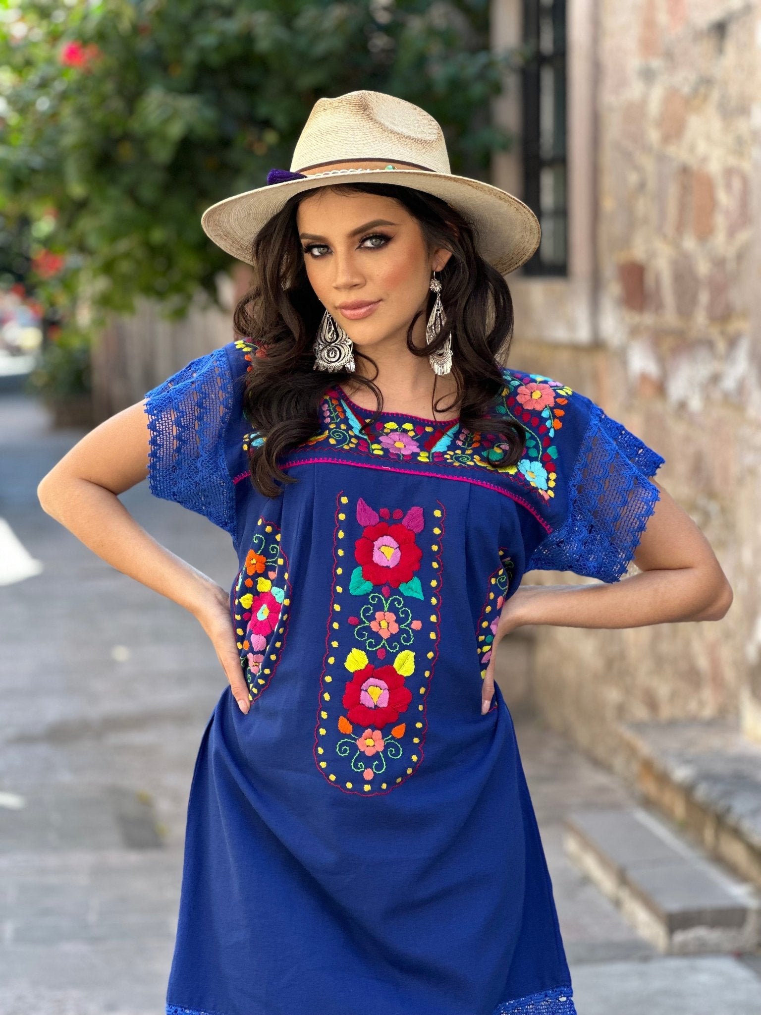 Traditional Mexican Hand Embroidered Tunic Dress in Royal Blue with floral embroidery