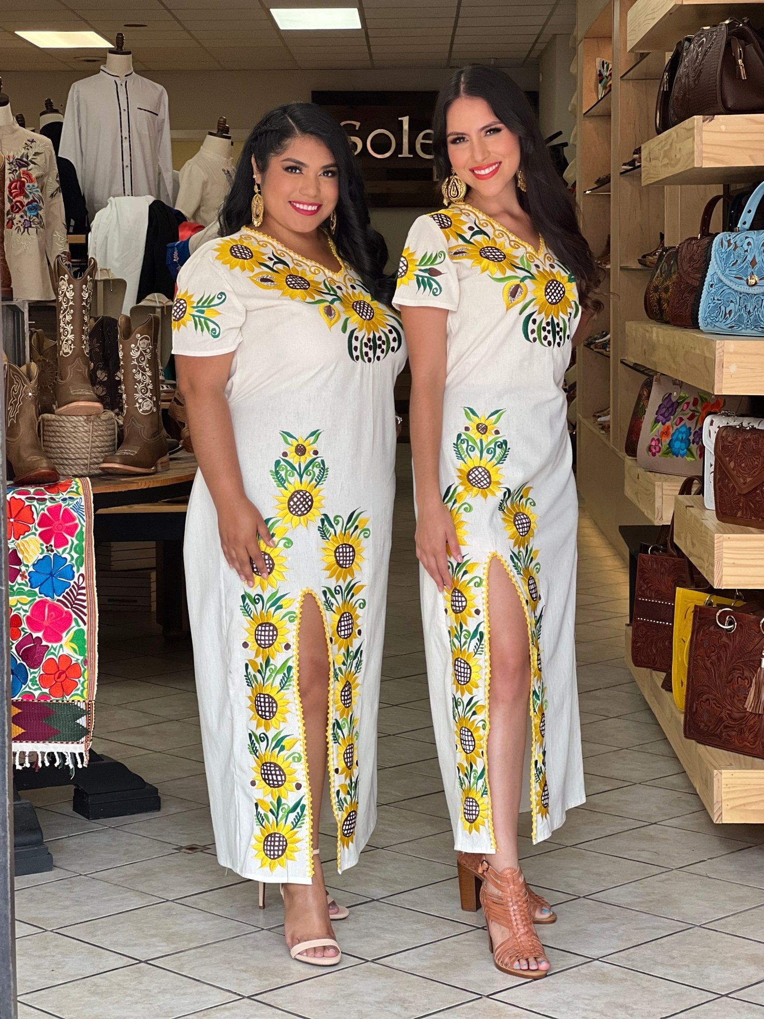 Traditional Mexican Sunflower Embroidered Dress. Jimena Girasol Dress. - Solei Store