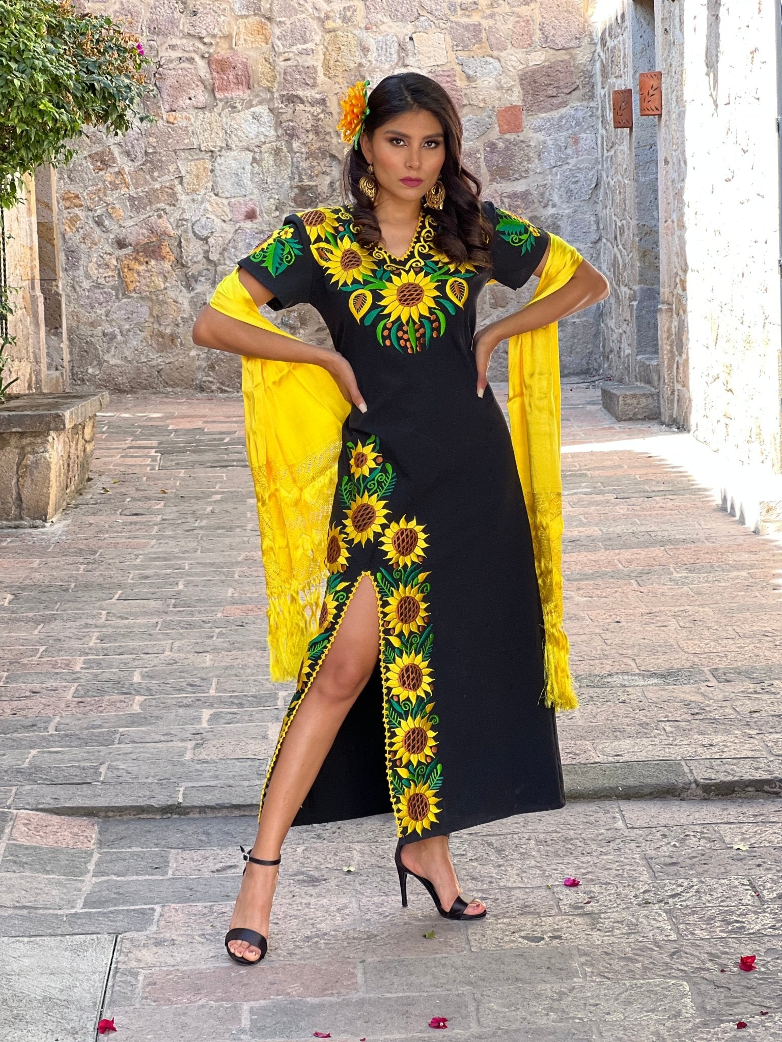 Traditional Mexican Sunflower Embroidered Dress. Jimena Girasol Dress. - Solei Store