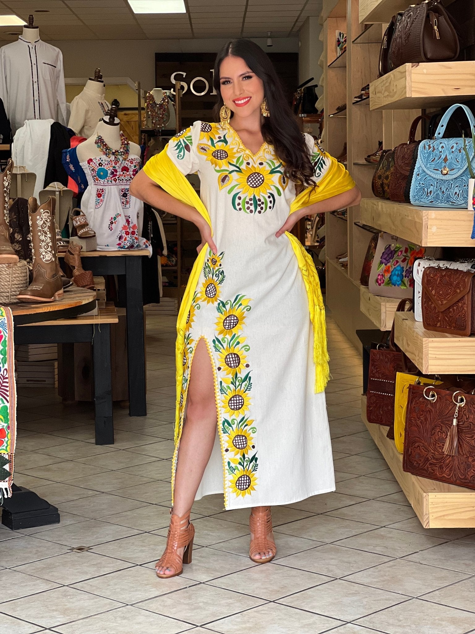 Traditional Mexican Sunflower Embroidered Dress. Jimena Girasol Dress. - Solei Store