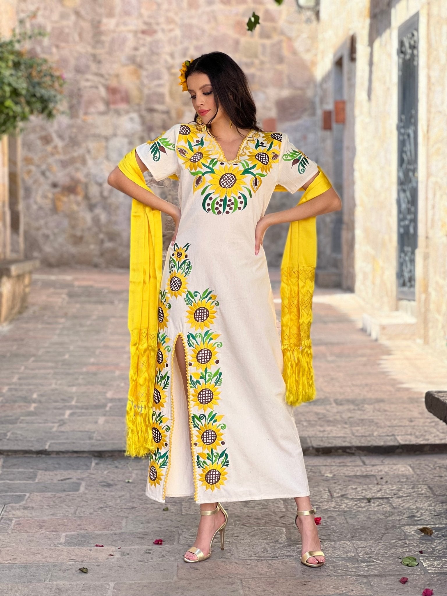 Traditional Mexican Sunflower Embroidered Dress. Jimena Girasol Dress. - Solei Store