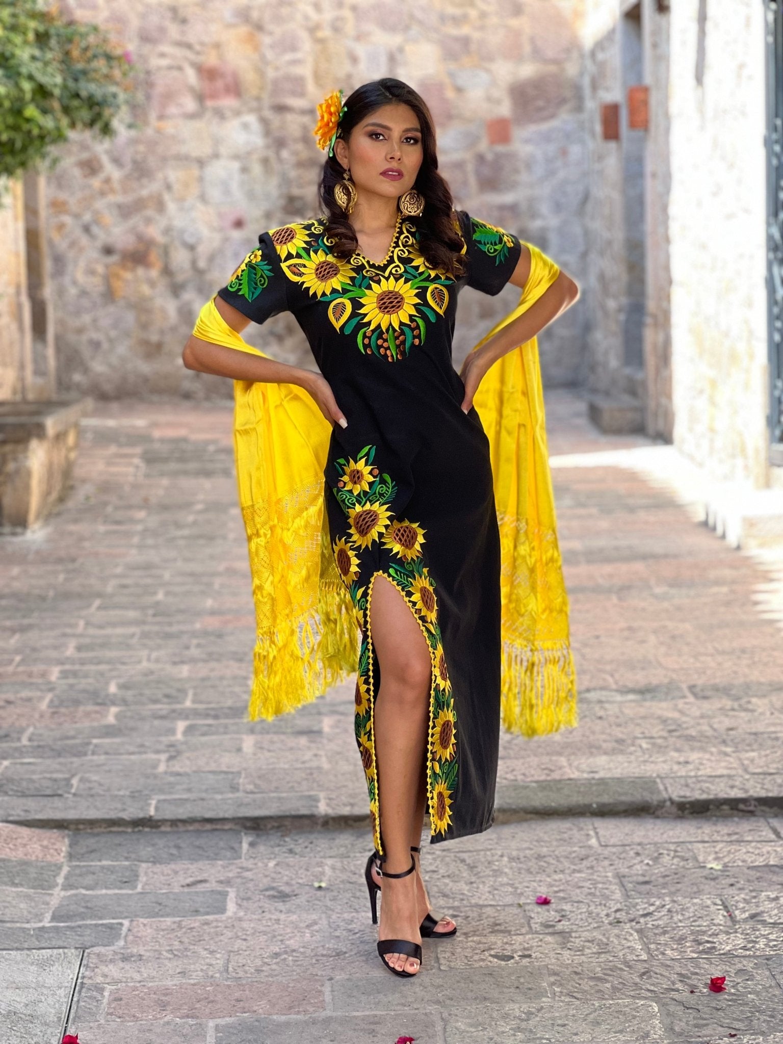 Traditional Mexican Sunflower Embroidered Dress. Jimena Girasol Dress. - Solei Store