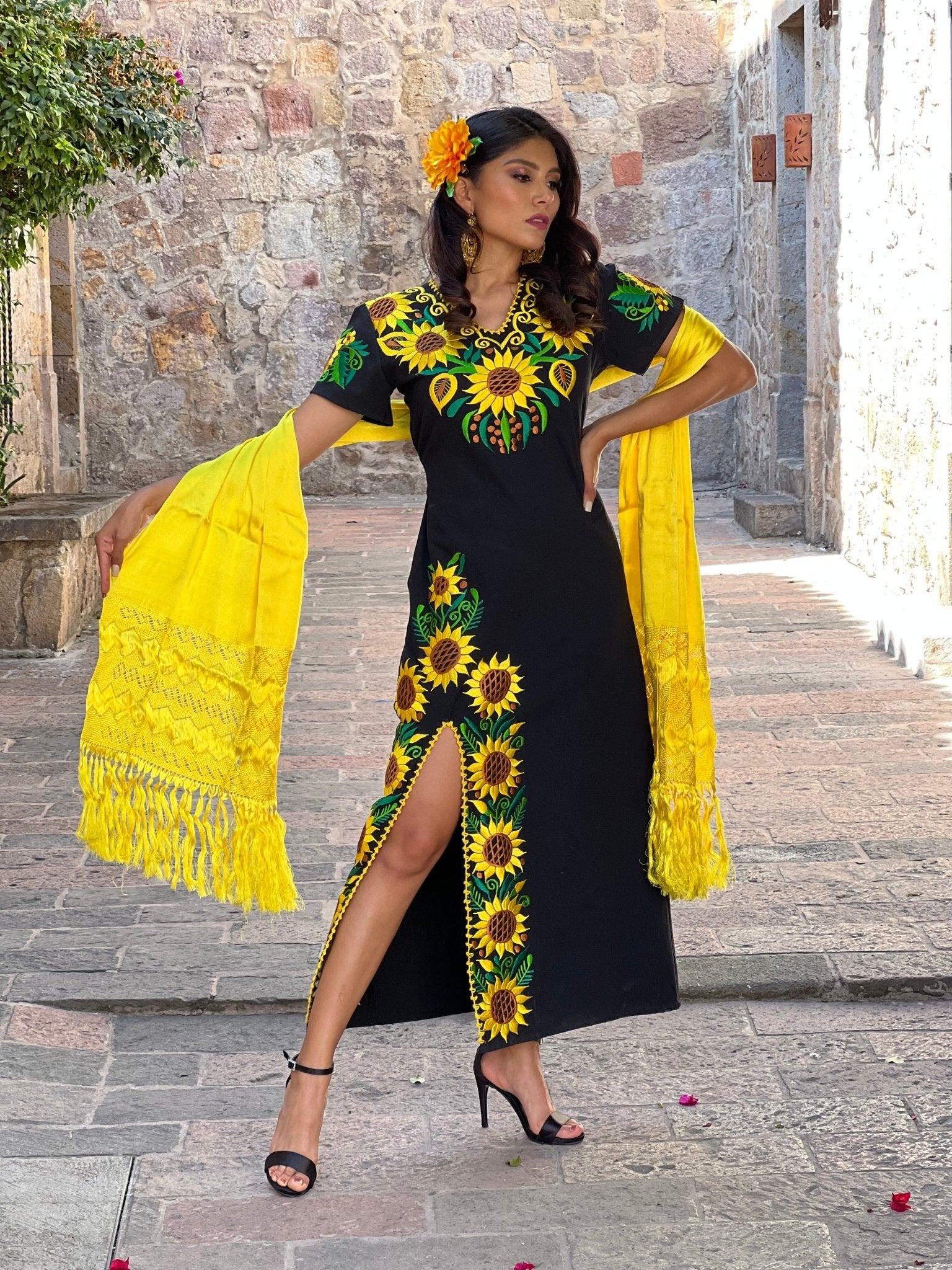 Traditional Mexican Sunflower Embroidered Dress. Jimena Girasol Dress. - Solei Store