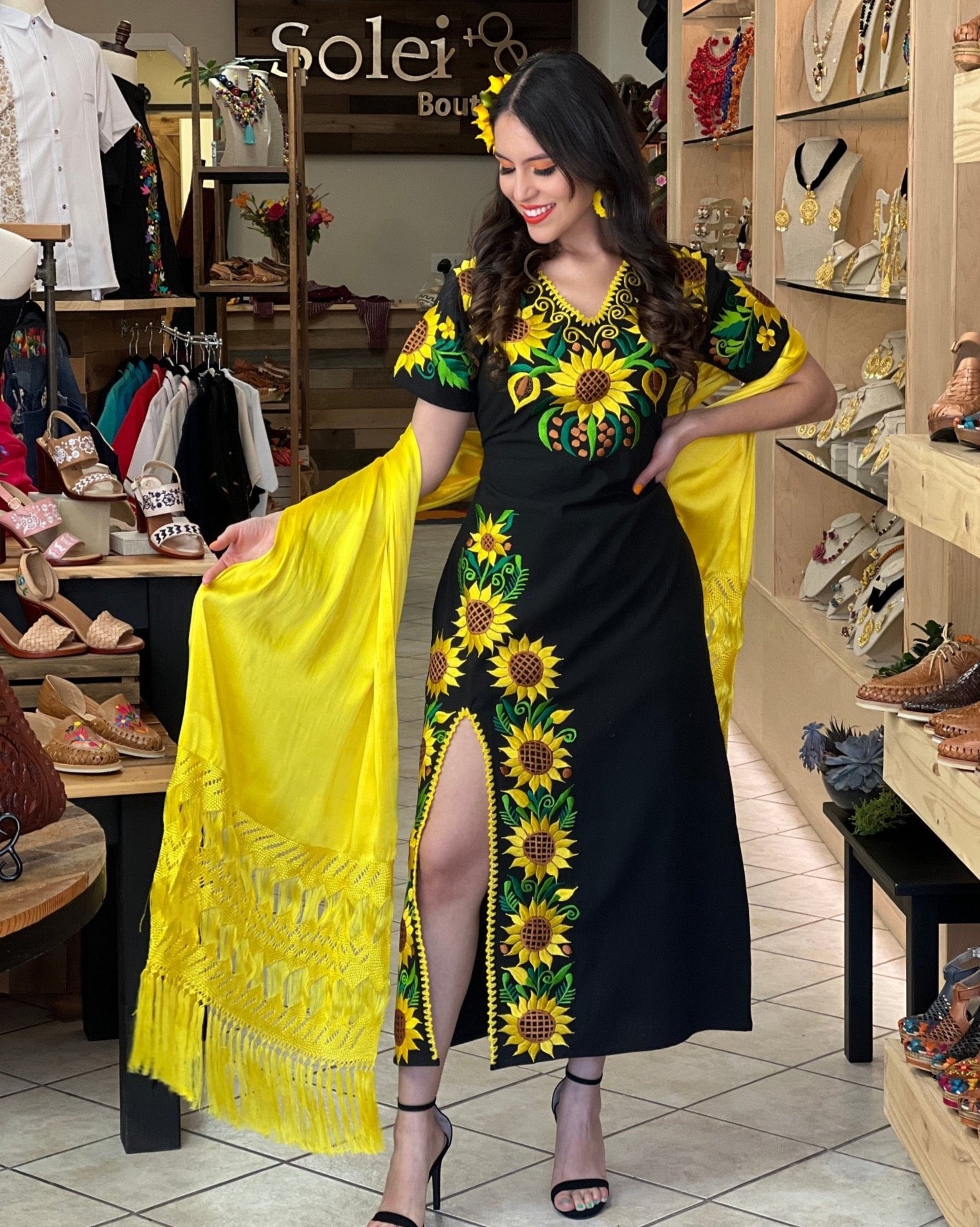 Traditional Mexican Sunflower Embroidered Dress. Jimena Girasol Dress. - Solei Store