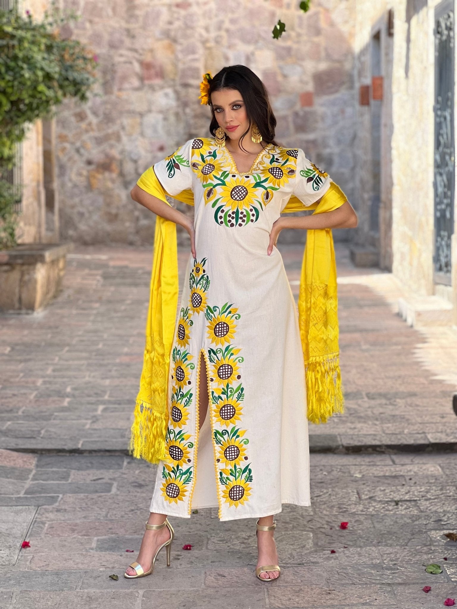 Traditional Mexican Sunflower Embroidered Dress. Jimena Girasol Dress. - Solei Store