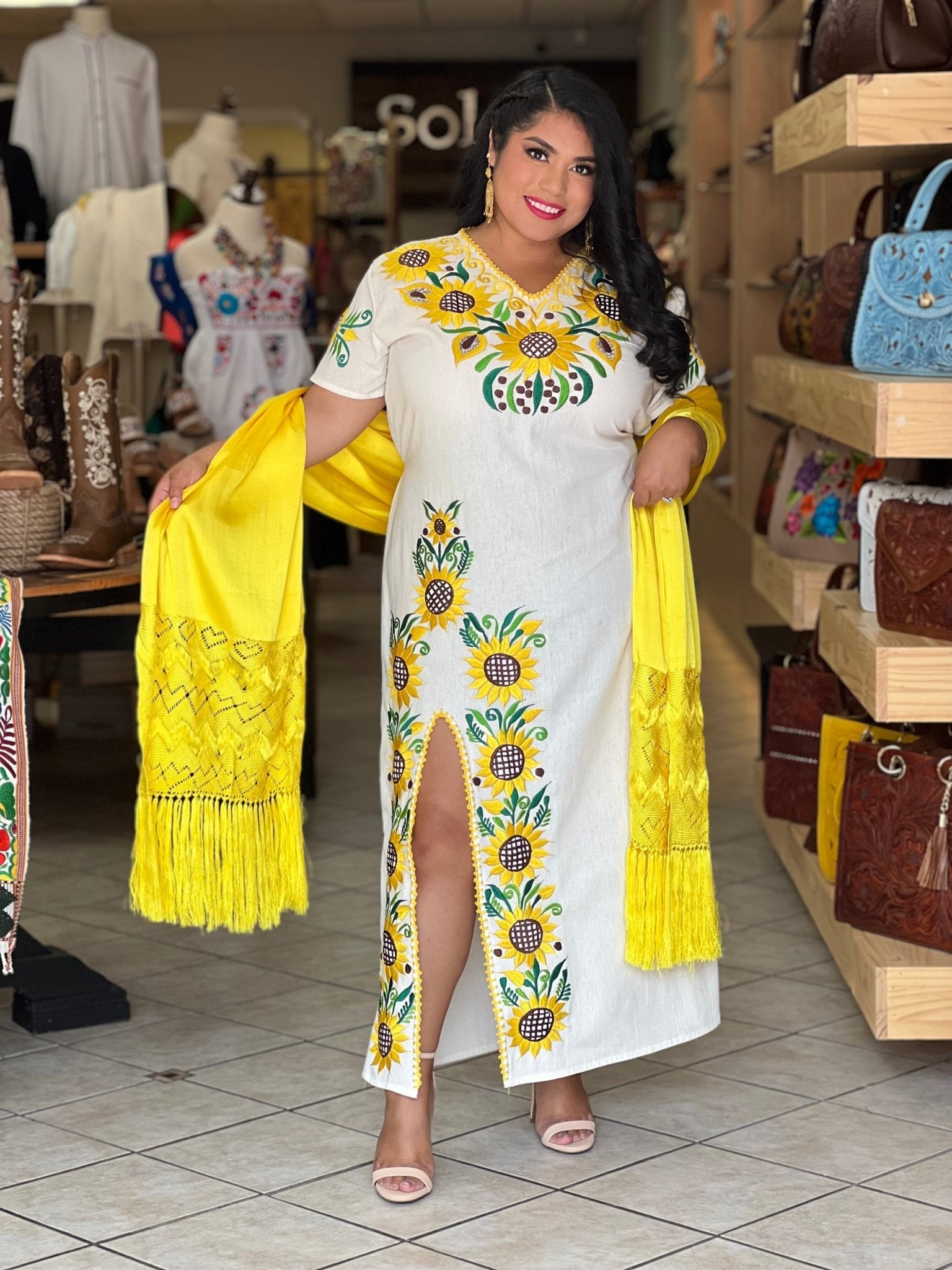 Traditional Mexican Sunflower Embroidered Dress. Jimena Girasol Dress. - Solei Store