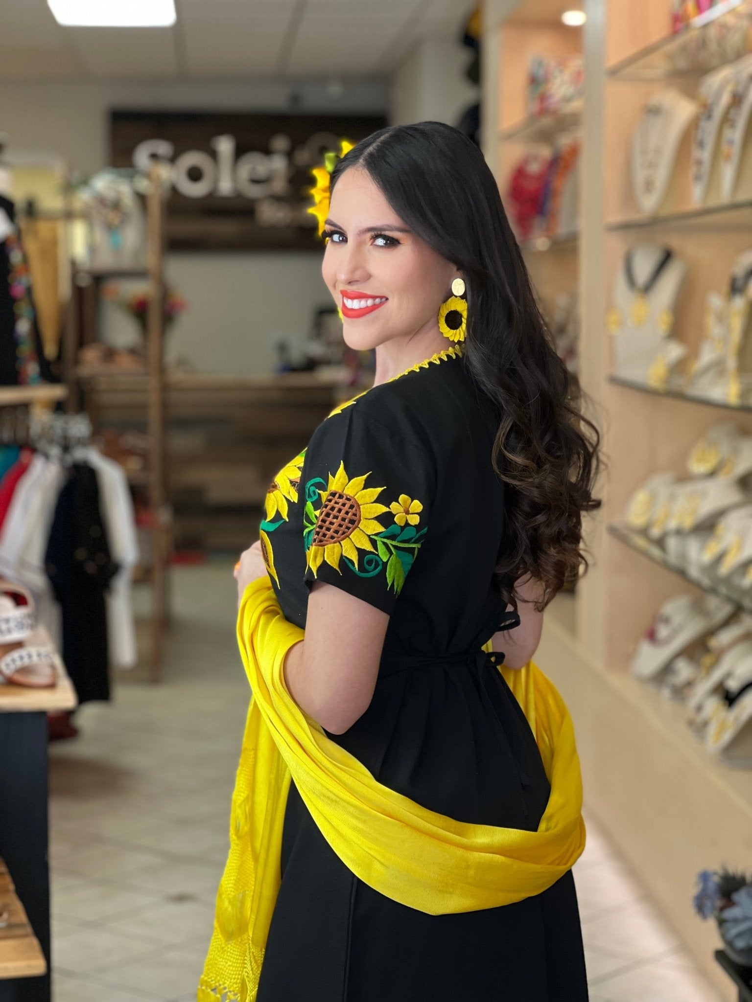 Traditional Mexican Sunflower Embroidered Dress. Jimena Girasol Dress. - Solei Store