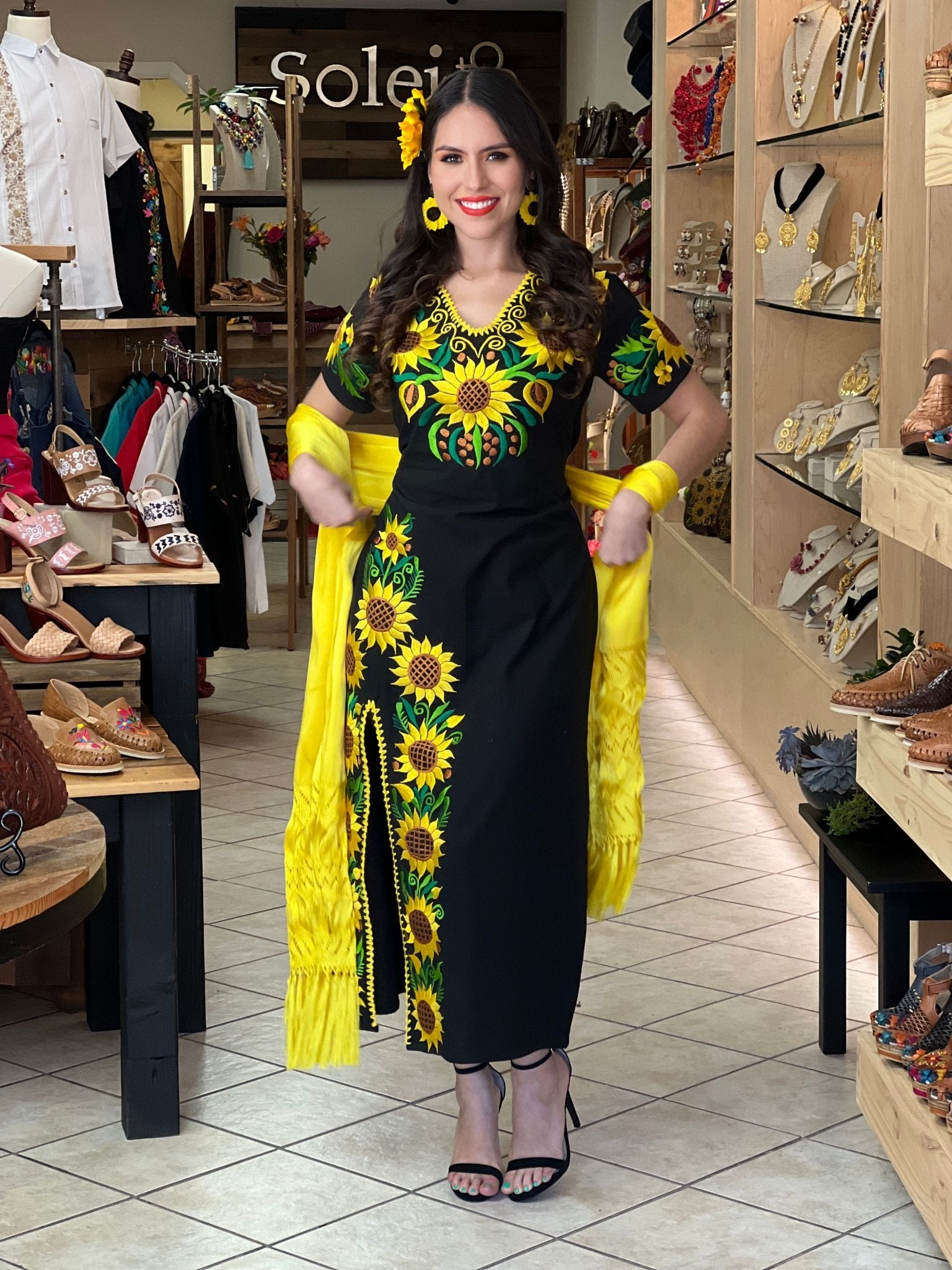 Traditional Mexican Sunflower Embroidered Dress. Jimena Girasol Dress. - Solei Store