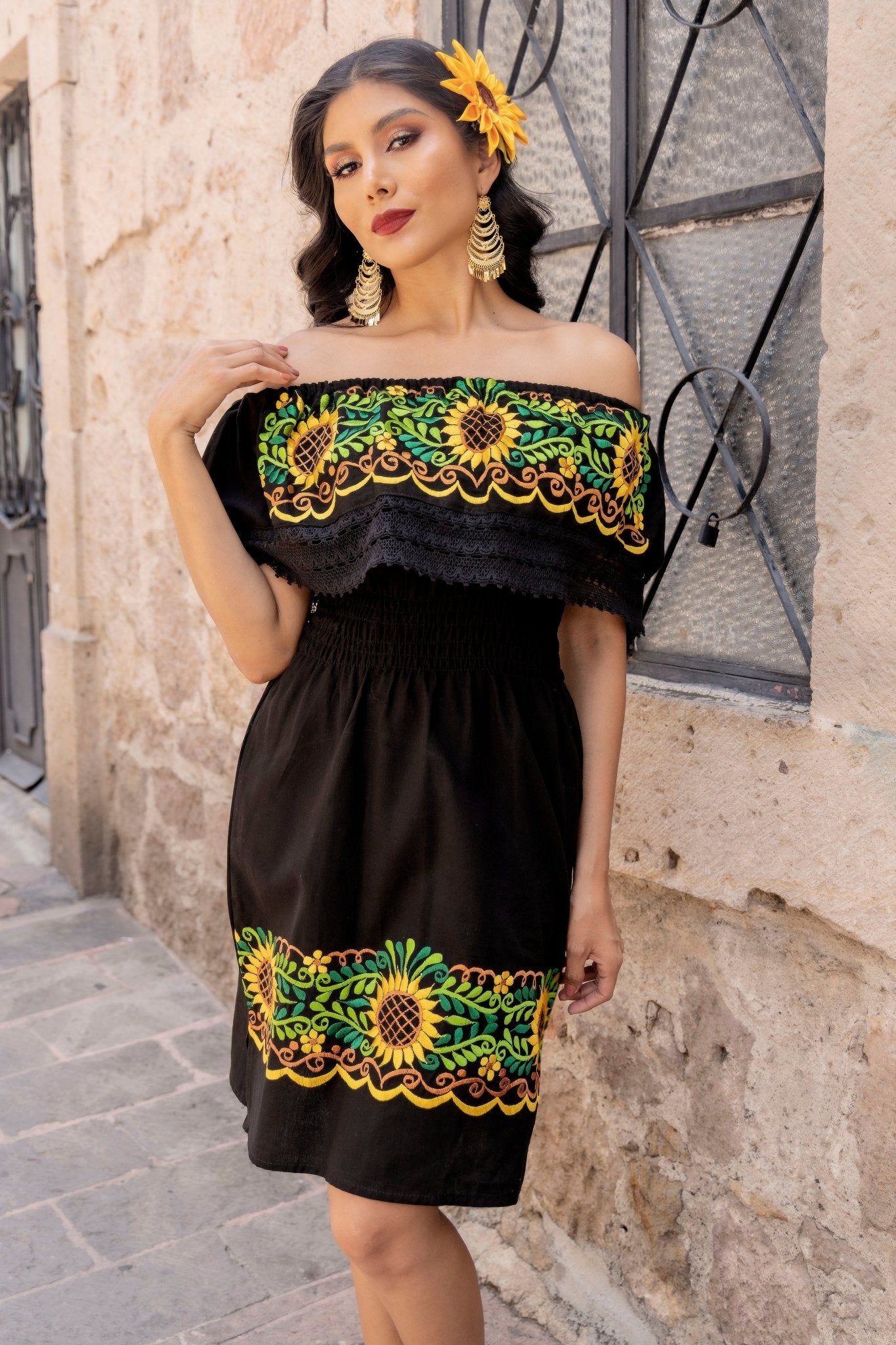 Traditional Mexican Sunflower Embroidered Dress. Vestido Rocio Girasol - Solei Store