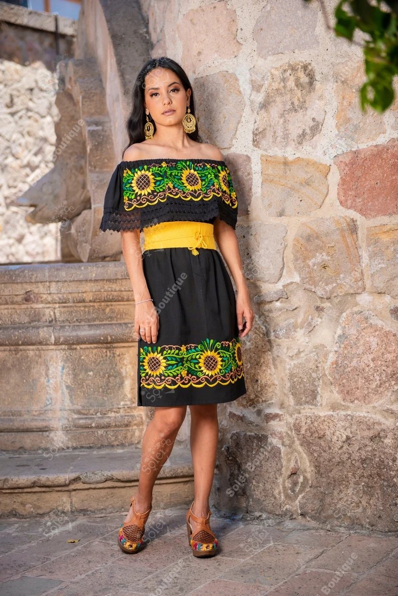 Traditional Mexican Sunflower Embroidered Dress. Vestido Rocio Girasol - Solei Store