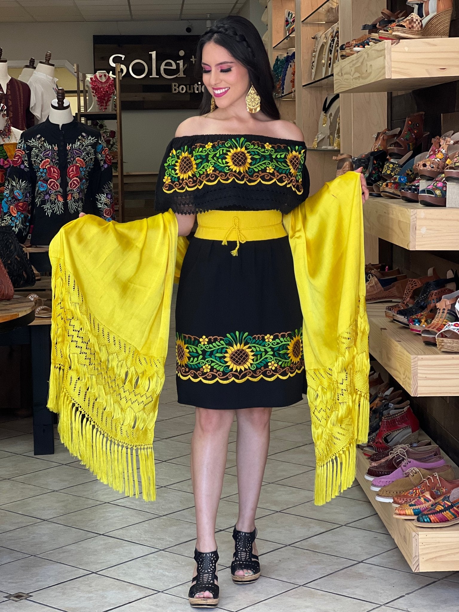 Traditional Mexican Sunflower Embroidered Dress. Vestido Rocio Girasol - Solei Store