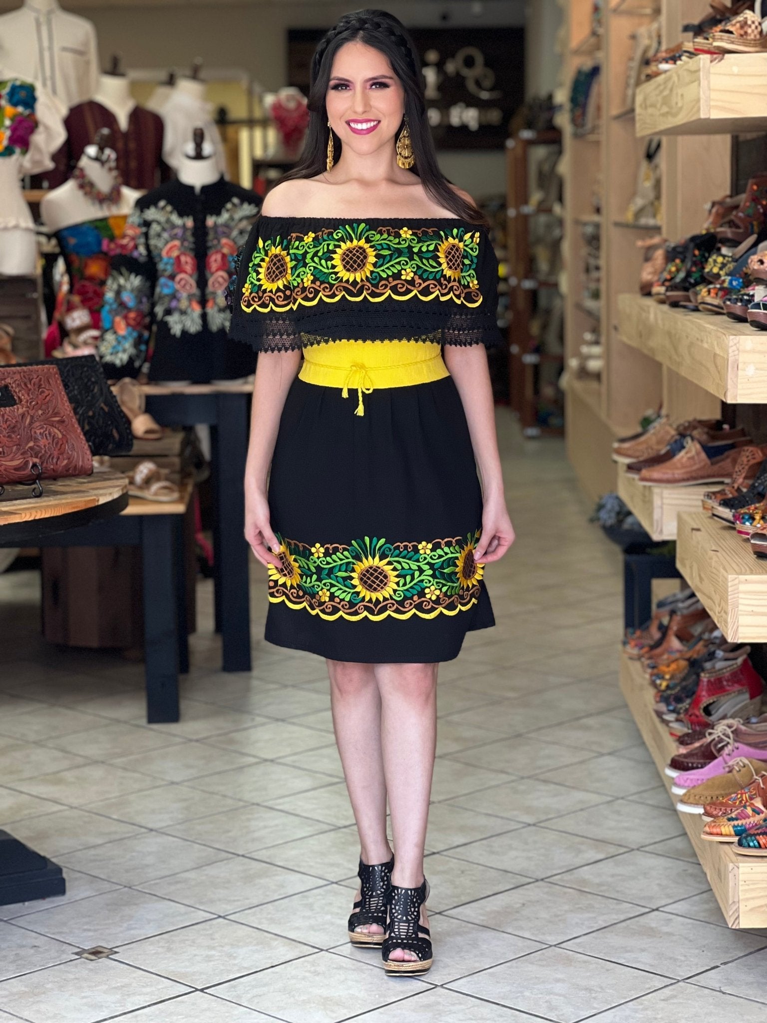 Traditional Mexican Sunflower Embroidered Dress. Vestido Rocio Girasol - Solei Store