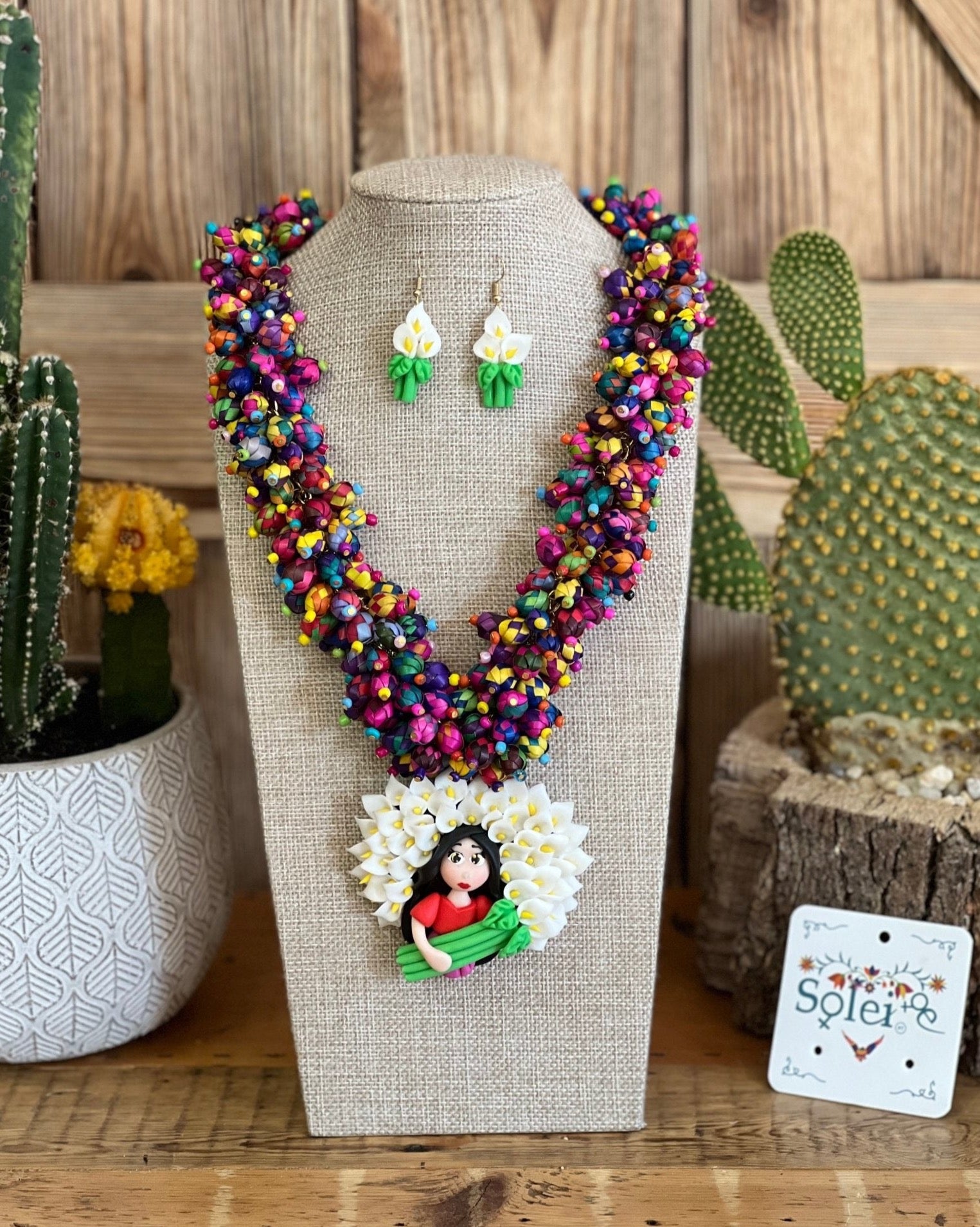 Traditional Mexican Woven Palm Calla Lily Necklace & Earrings. Set Palma Alcatraz. - Solei Store