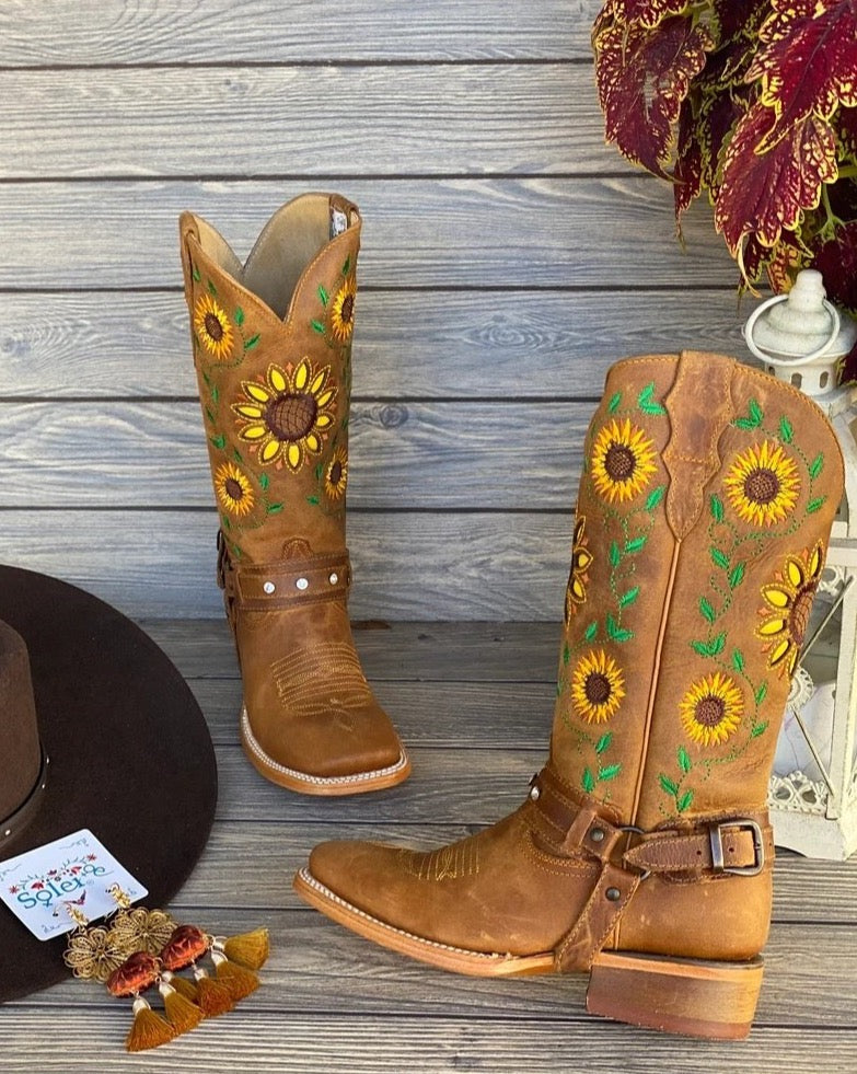 Women's Artisanal Mexican Leather Sunflowers Embroidered Boots. Girasoles Boots - Solei Store