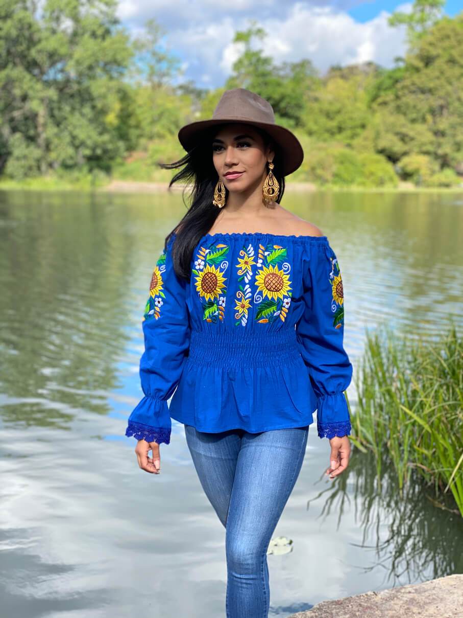 Yamileth Sunflower embroidered top Mexican handmade elastic waist top - Solei Store