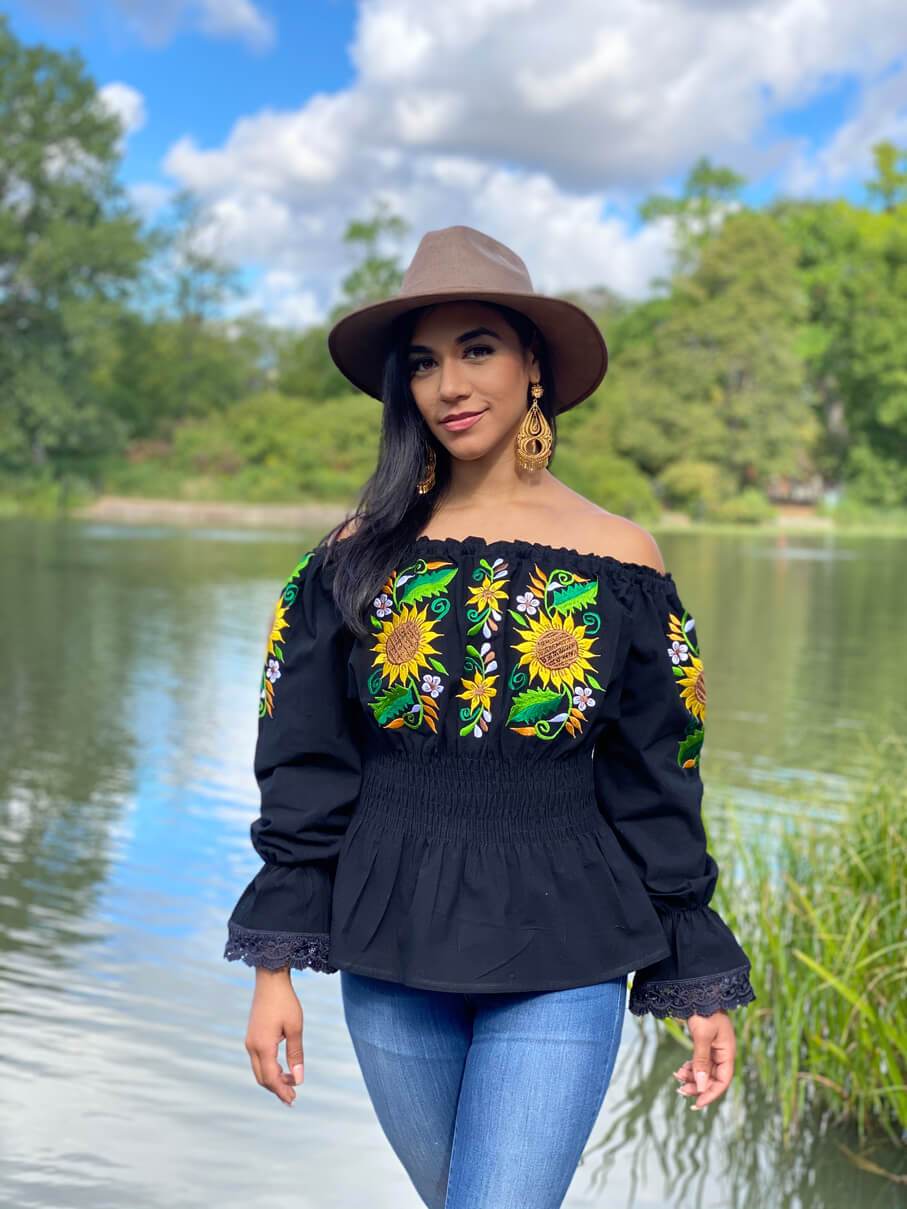 Yamileth Sunflower embroidered top Mexican handmade elastic waist top - Solei Store