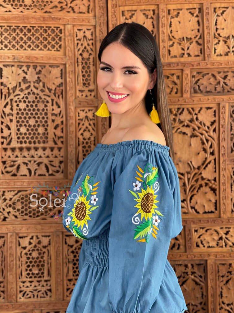 Yamileth Sunflower embroidered top Mexican handmade elastic waist top - Solei Store