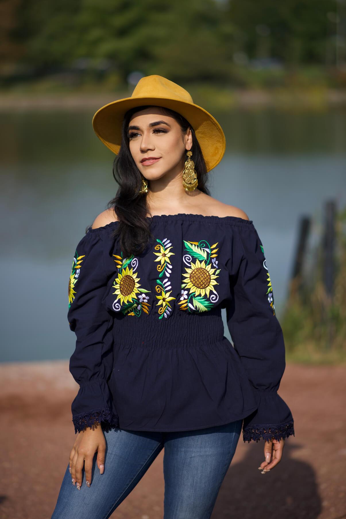 Yamileth Sunflower embroidered top Mexican handmade elastic waist top - Solei Store