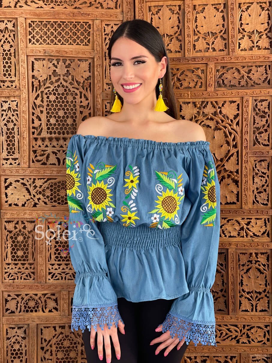 Yamileth Sunflower embroidered top Mexican handmade elastic waist top - Solei Store