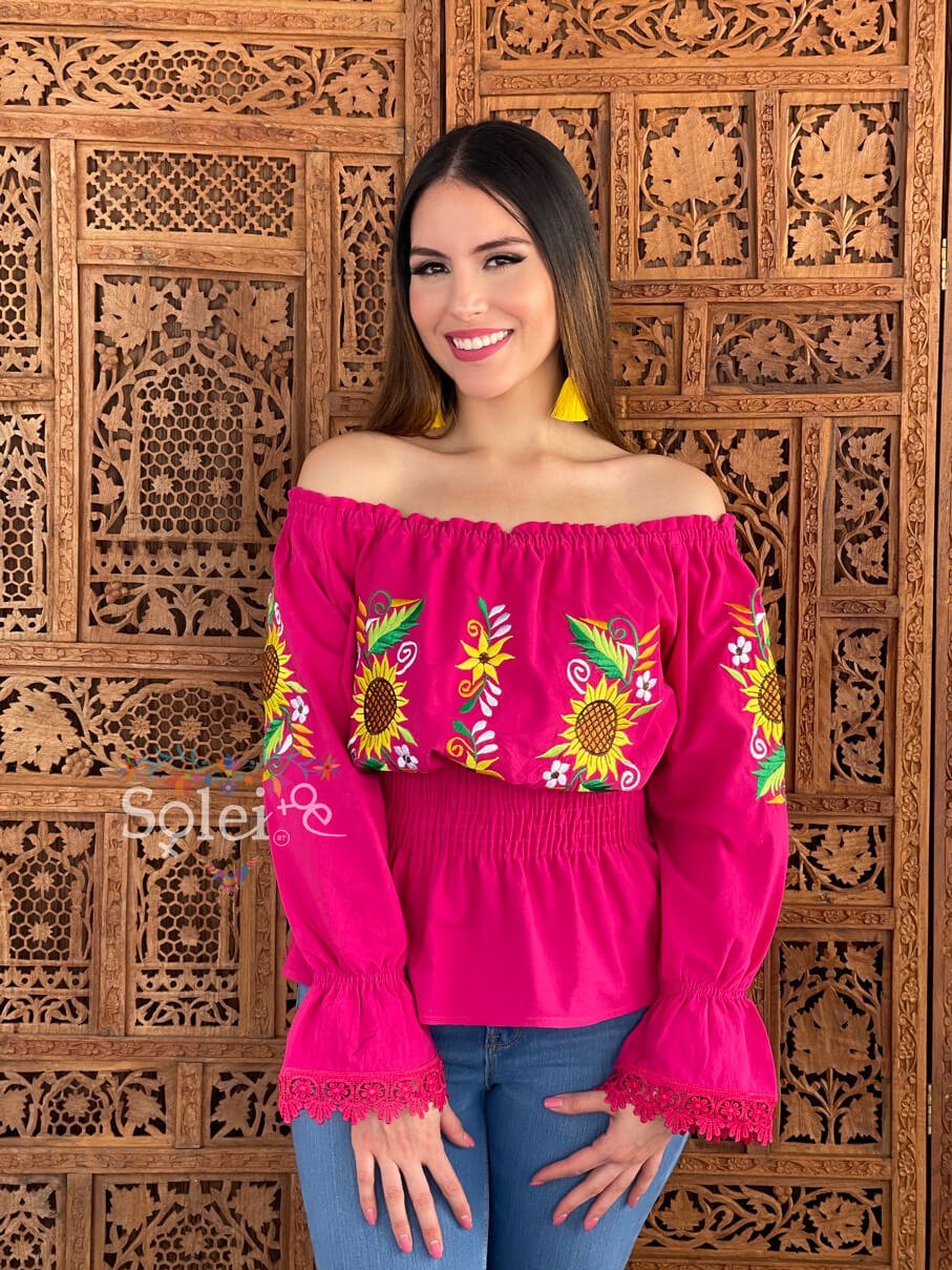 Yamileth Sunflower embroidered top Mexican handmade elastic waist top - Solei Store