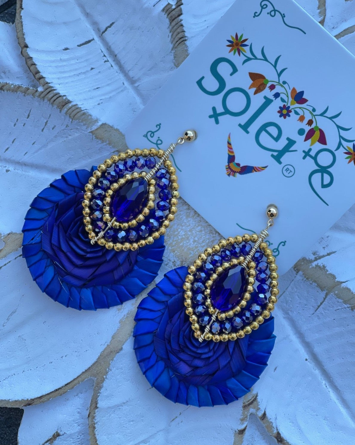 Royal Blue Palm Leaf Earrings. Gold and Blue Beads.