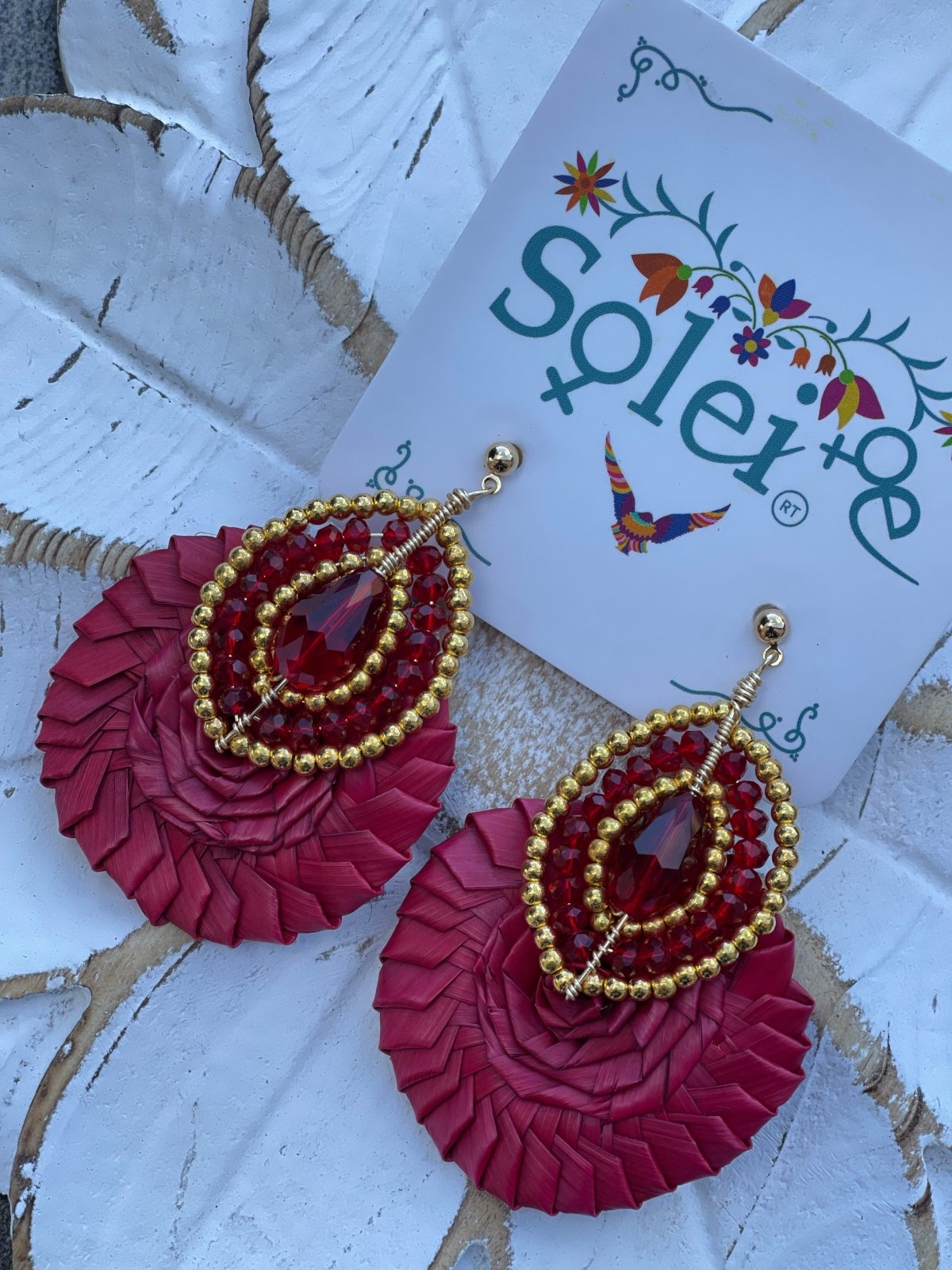 Red Palm Leaf Earrings. Gold and Red Beads.