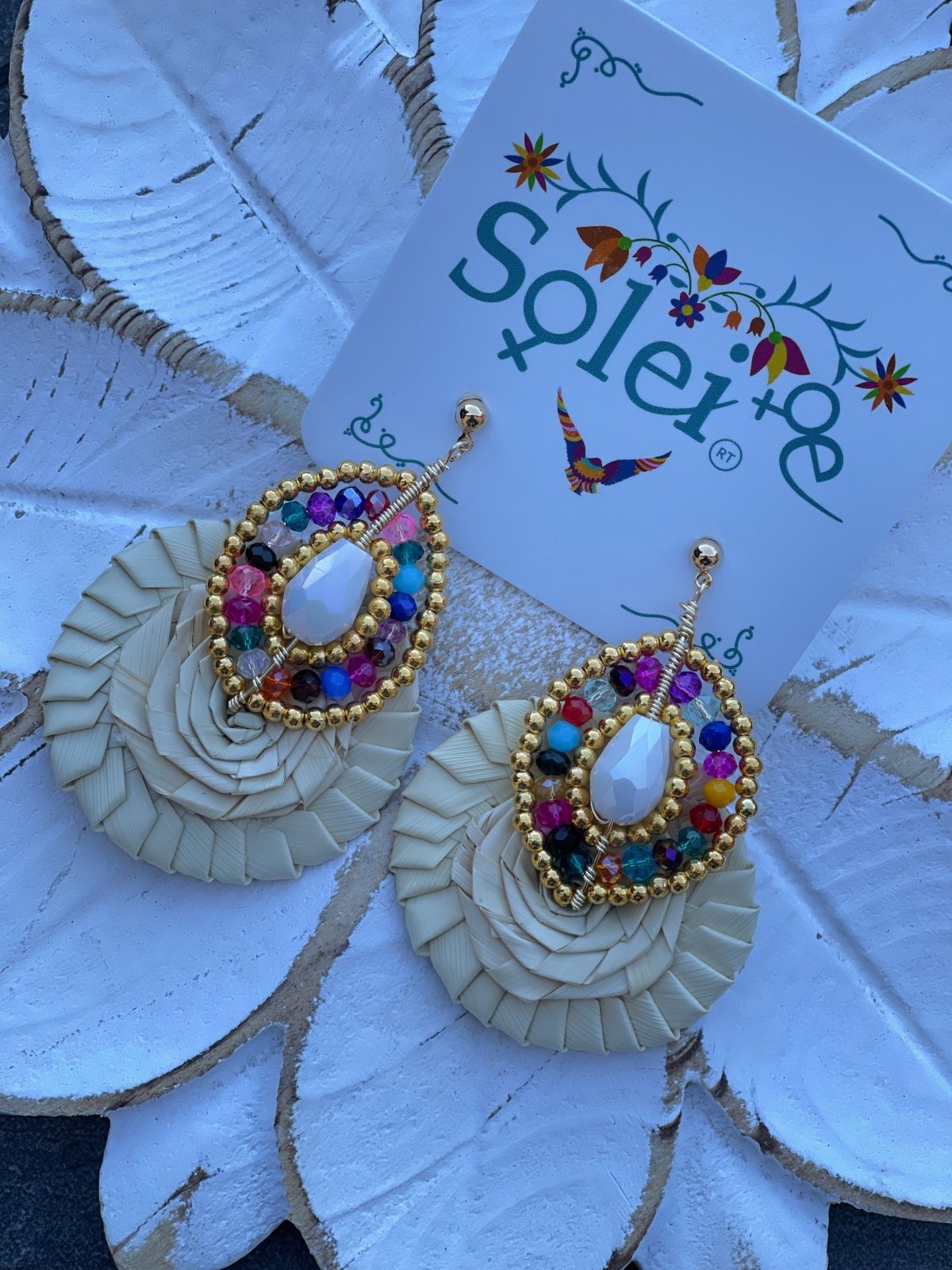 Beige Palm Leaf Earrings. Gold and Multicolor Beads.