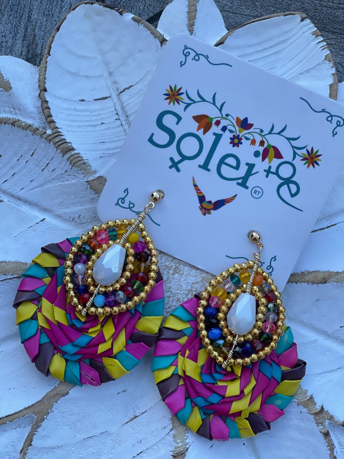 Multicolor Palm Leaf Earrings. Gold and Multicolor Beads.