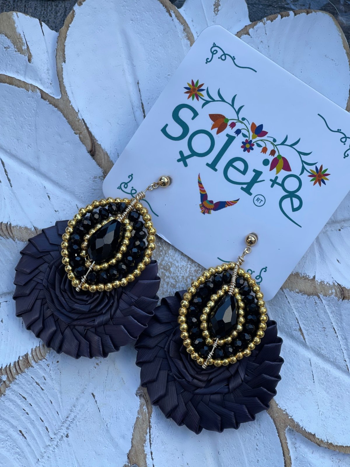 Black Palm Leaf Earrings. Gold and Black Beads.