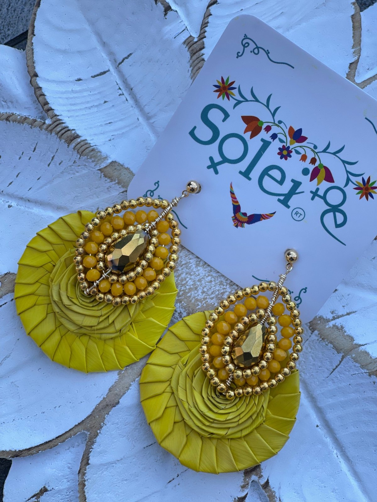 Yellow Palm Leaf Earrings. Gold and Yellow Beads.